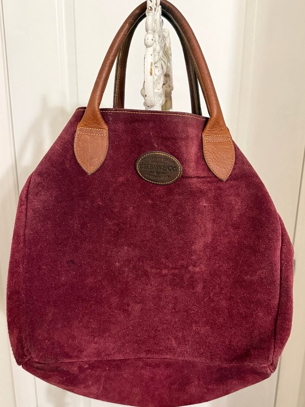Vintage G.H. Bass Burgundy Suede Leather Tote Bag Brown Handles 80s